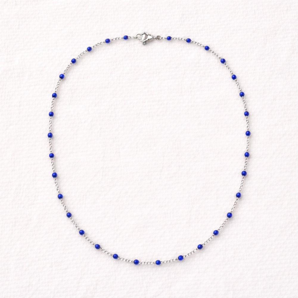 Necklace - 16” Stainless Steel Silver tone Necklace with dark blue Bead Accents - Picture 3 of 4